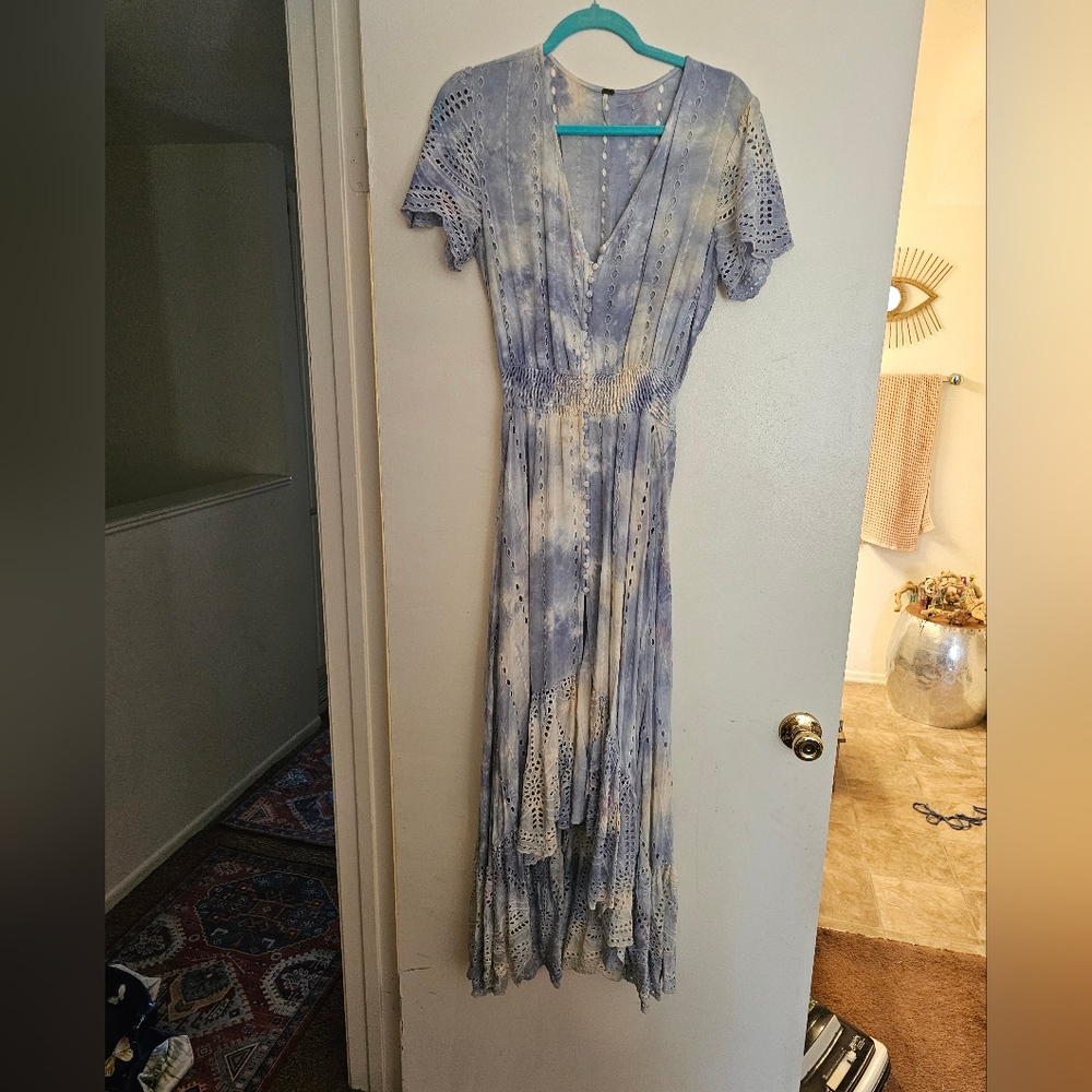Lt. Blue and white tie die asymmetrical hem eyelet costa dress